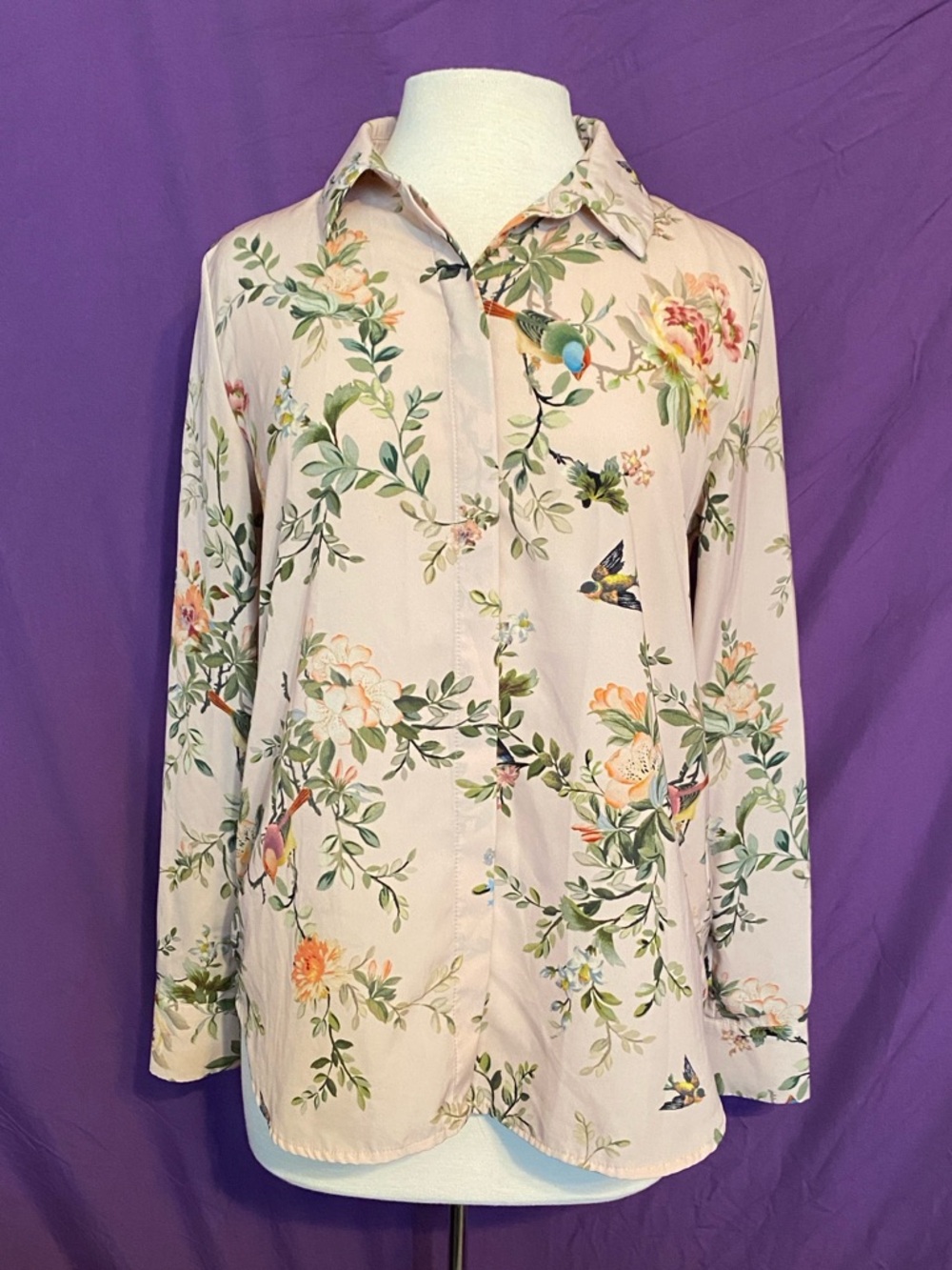 H&M Pale Pink Floral & Birds Button-Down Shirt. Size 10.